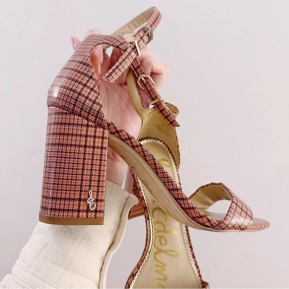 Anthropologie Sam Edelman Yaro Daniella Plaid Block Heels Sandals Straps Pink - Picture 2 of 7